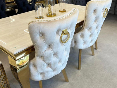 Louis 160cm Marble & Gold Dining Table With Victoria Gold Ring Knocker Velvet Chairs