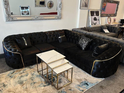 Karimah Luxury Velvet Fabric Sofa Collection Black / Gold Trim