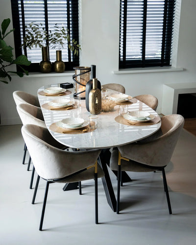 Richmond Interiors Trocadero 220cm White Ceramic Marble Dining Table With Khaki Velvet Dining Chairs