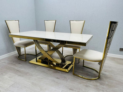 Elina 180cm Gold Dining Table With Florence High Back Velvet Gold Chairs