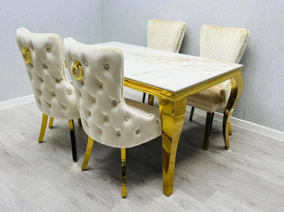 Louis 160cm Marble & Gold Dining Table With Victoria Gold Ring Knocker Velvet Chairs