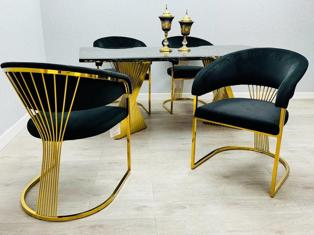 Ravello Black & Gold Marble Dining Table With Porto Gold Chairs