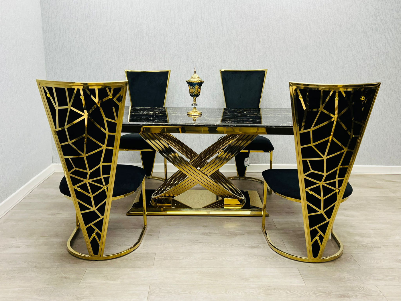 Elina 180cm Gold Dining Table With Florence High Back Velvet Gold Chairs