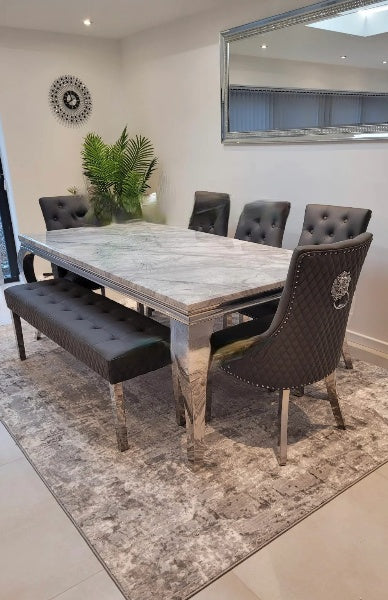 Louis Marble & Chrome Dining Table With Grey Quilted Lion Knocker PU Leather Chairs & Majestic 140cm Grey Bench PU Leather