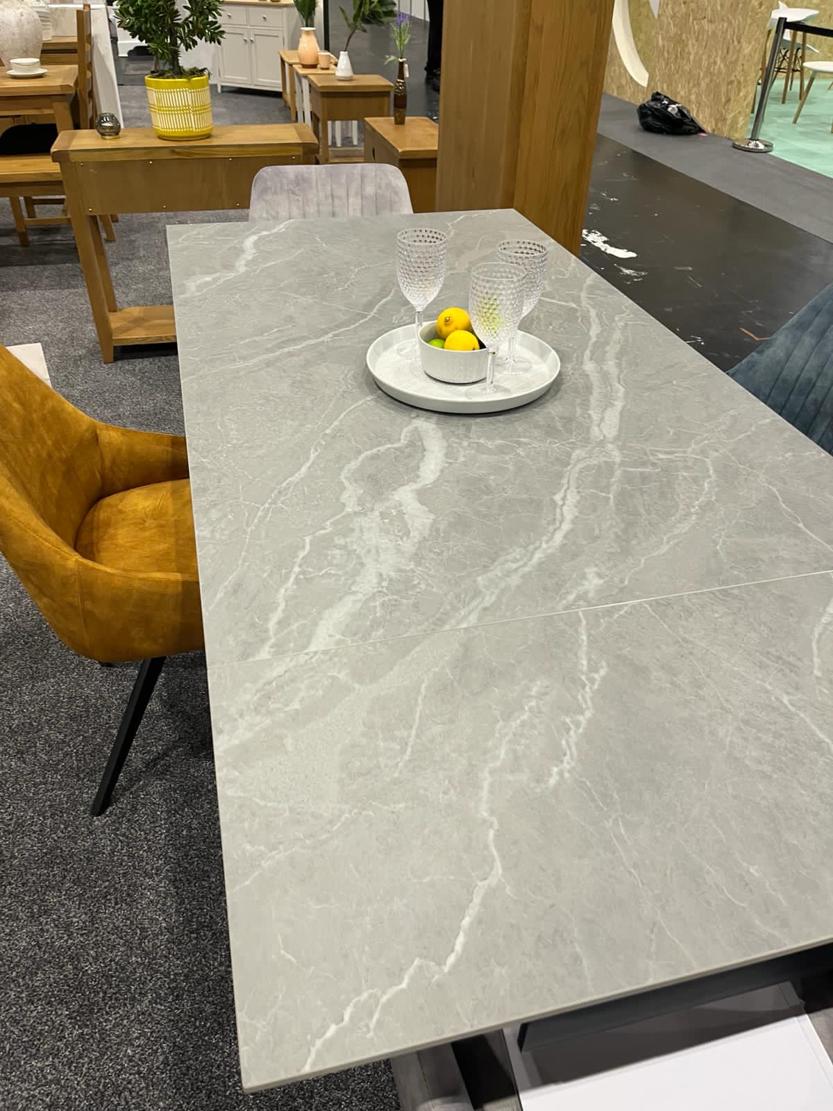Nova 160-240cm Grey Matt Ceramic Marble Side Extending Dining Table With Velvet Dining Chairs