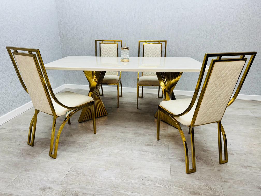 Ravello Cream & Gold Marble Dining Table With Windsor Gold Chairs