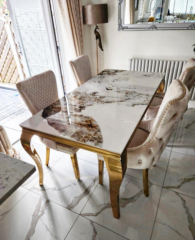 Louis Gold Marble Dining Table With Shimmer Cream Gold Ring Knocker Dining Chairs