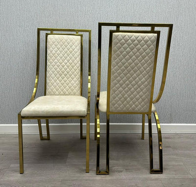 Ohio Gold White Marble 180cm Dining Table + Gold Leathaire Fabric Dining Chairs In 2 Colours