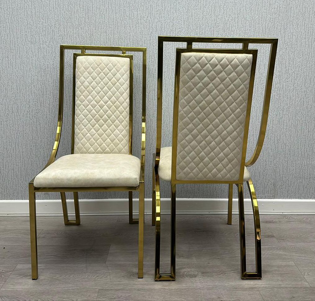 Louis Gold Round Cream Marble 110cm Dining Table + Thames Gold Leathaire Fabric Dining Chairs In 2 Colours