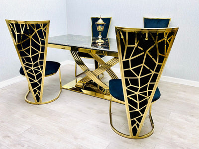 Elina 180cm Gold Dining Table With Florence High Back Velvet Gold Chairs