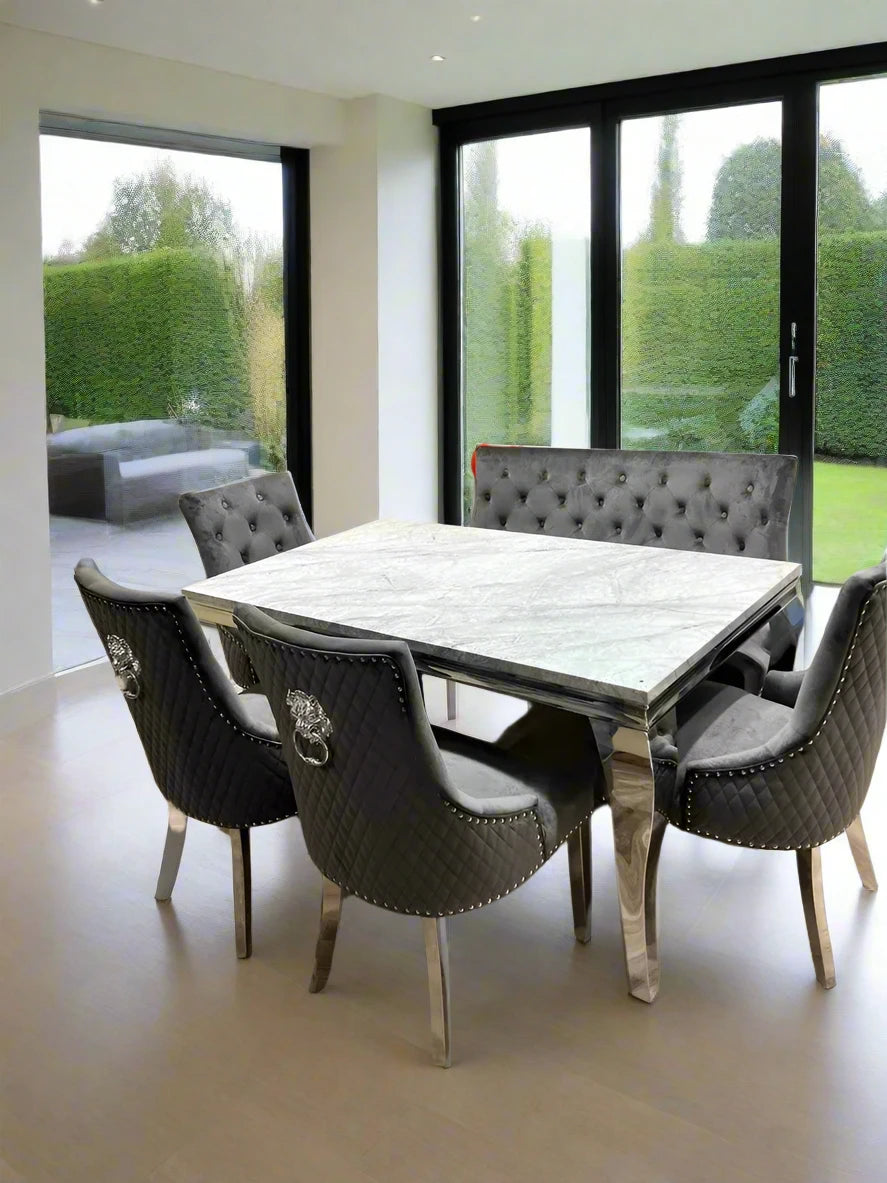 Louis Marble & Chrome Dining Table With Lion Knocker Velvet Chairs & High Back 130cm Bench