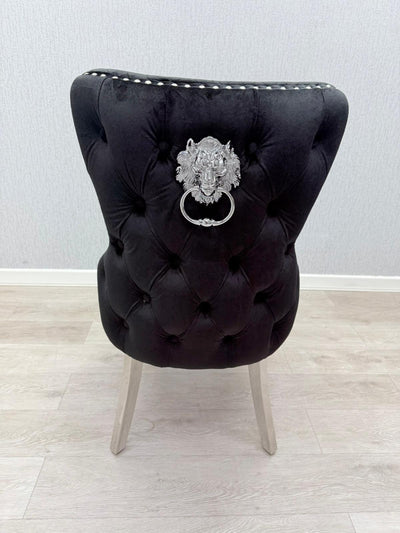 Victoria Black Chrome Lion Knocker Button Back Plush Velvet Chairs - Pairs