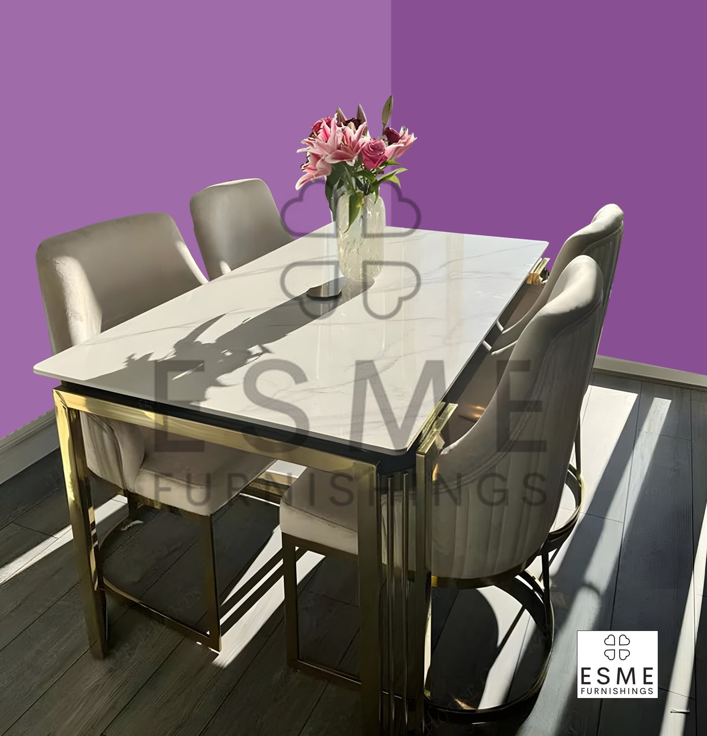 Sorrento 150cm Gold Dining Table with White Ceramic Marble Top + Carlton Cream Gold Velvet Chairs