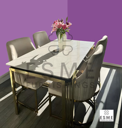 Sorrento 180cm Gold Dining Table with White Ceramic Marble Top + Carlton Cream Gold Velvet Chairs