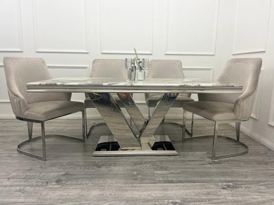 Cello 180cm Marble & Chrome Dining Table With Carlton Beige/Chrome Velvet Chairs