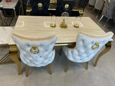 Louis 160cm Marble & Gold Dining Table With Victoria Gold Ring Knocker Velvet Chairs