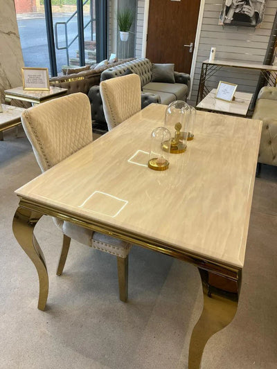 Louis 160cm Marble & Gold Dining Table With Victoria Gold Ring Knocker Velvet Chairs