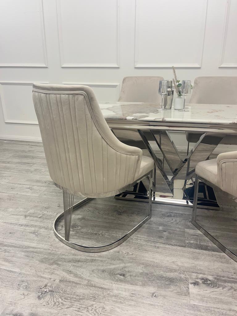 Cello 180cm Marble & Chrome Dining Table With Carlton Beige/Chrome Velvet Chairs
