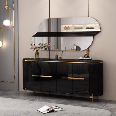 Cleo Black & Gold Premium Ribbed Sideboard & Mirror Set