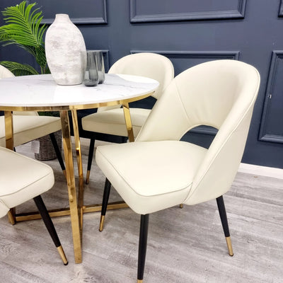 Valeo 180cm Gold/White Ceramic Marble Dining Table + Astra PU Leather / Fabric Dining Chairs