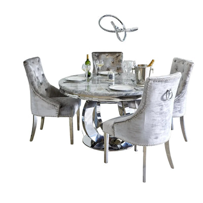 Chelsea 130cm Marble Round Dining Table With Shimmer Chrome Ring Knocker Chairs