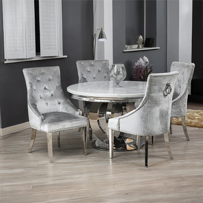 Chelsea 130cm Marble Round Dining Table With Shimmer Chrome Ring Knocker Chairs