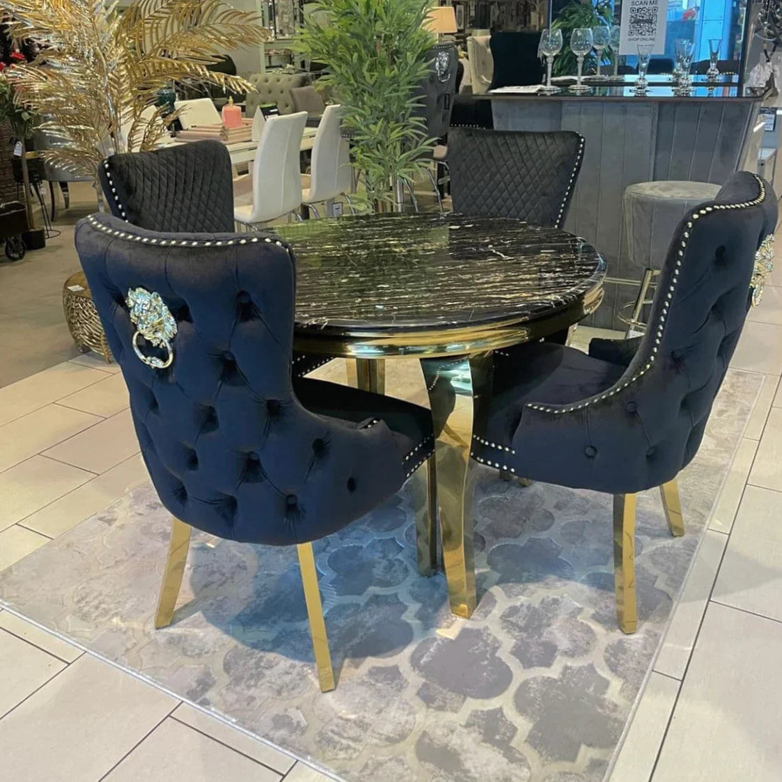 Louis Gold Round Black Marble 130cm Dining Table + Black Gold Lion Knocker Velvet Dining Chairs