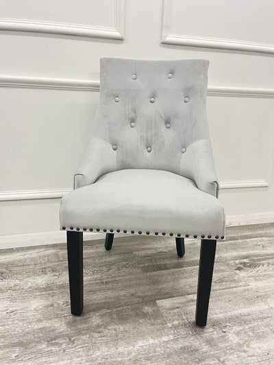 Light Grey Silver Plush Velvet Black Ring Quilted Knocker Chair Black Legs