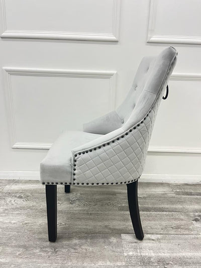 Light Grey Silver Plush Velvet Black Ring Quilted Knocker Chair Black Legs