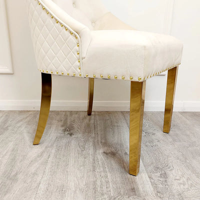 Louis Gold Marble & Chrome Dining Table With Gold Quilted Lion Knocker Velvet Chairs