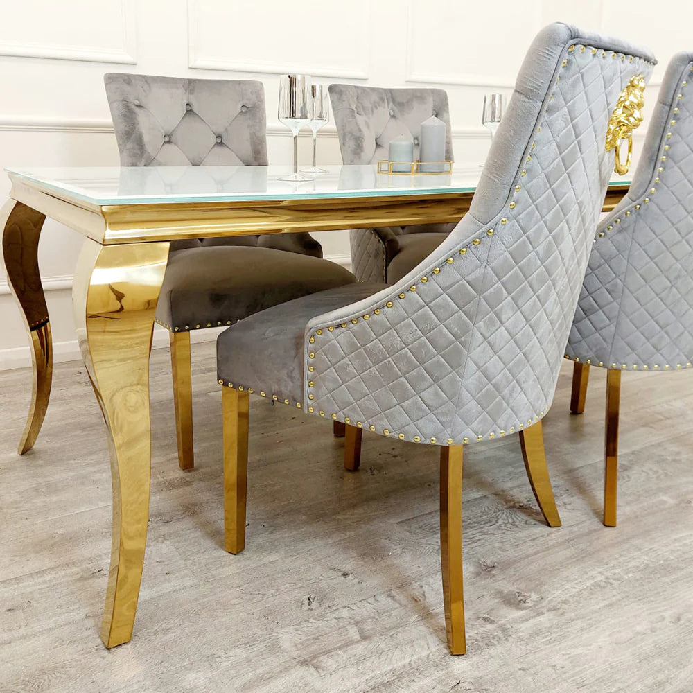 Louis 130cm Round Pandora Bronze Marble Gold Dining Table + Majestic Gold Lion Dining Chairs