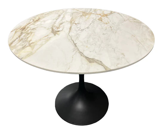 Bentley 90cm Gold Ceramic Marble Round Dining Table With Black Base