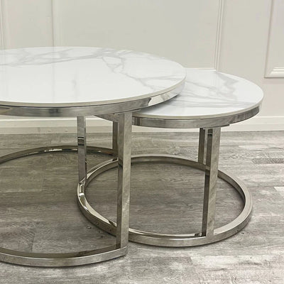 Cato Nest of 2 Short Round Coffee Silver Tables with Polar White Sintered Stone Tops