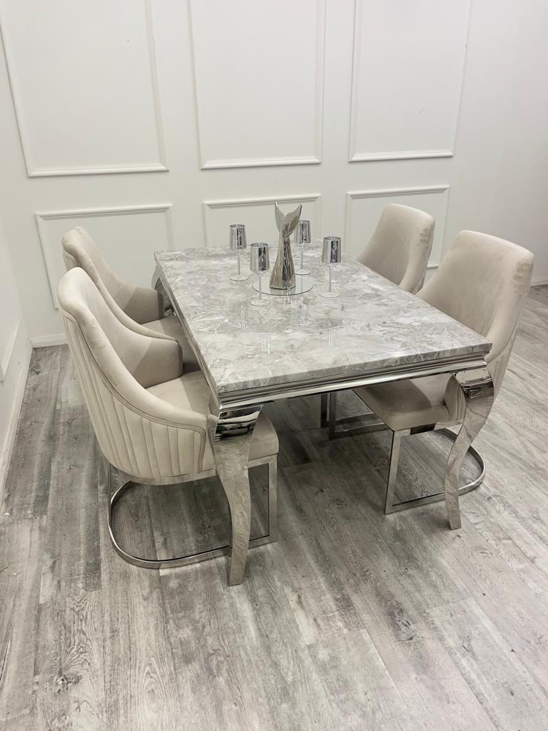 Louis Marble & Chrome Dining Table With Carlton Beige/Chrome Velvet Ch ...