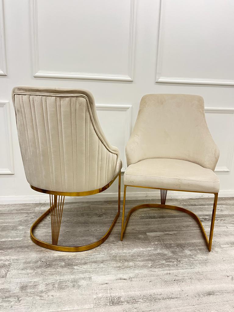 Louis Marble & Gold Dining Table With Carlton Cream/Gold Velvet Chairs