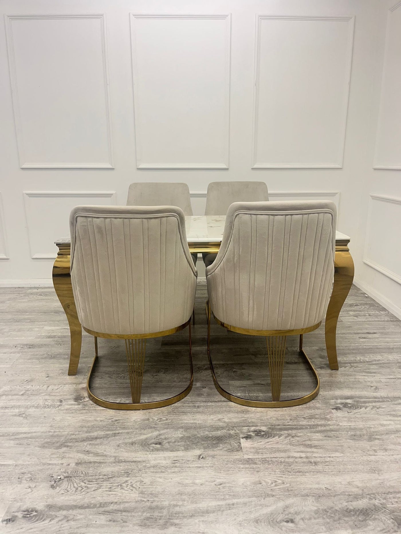 Arianna 180cm Gold Marble Dining Table With Carlton Cream/Gold Velvet Dining Chairs