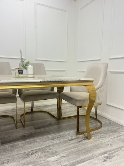 Arianna 180cm Gold Marble Dining Table With Carlton Cream/Gold Velvet Dining Chairs