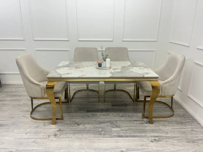 Louis Marble & Gold Dining Table With Carlton Cream/Gold Velvet Chairs