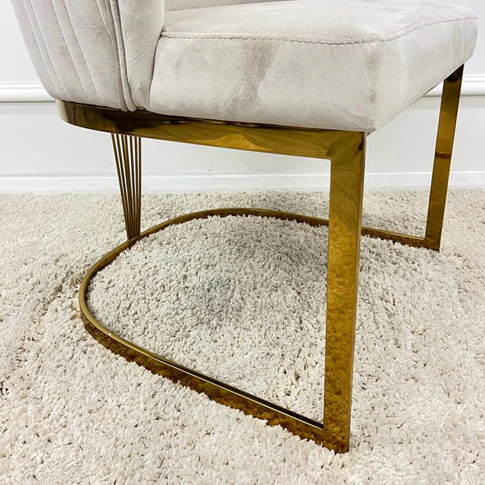 Sorrento 150cm Gold Dining Table with White Ceramic Marble Top + Carlton Cream Gold Velvet Chairs