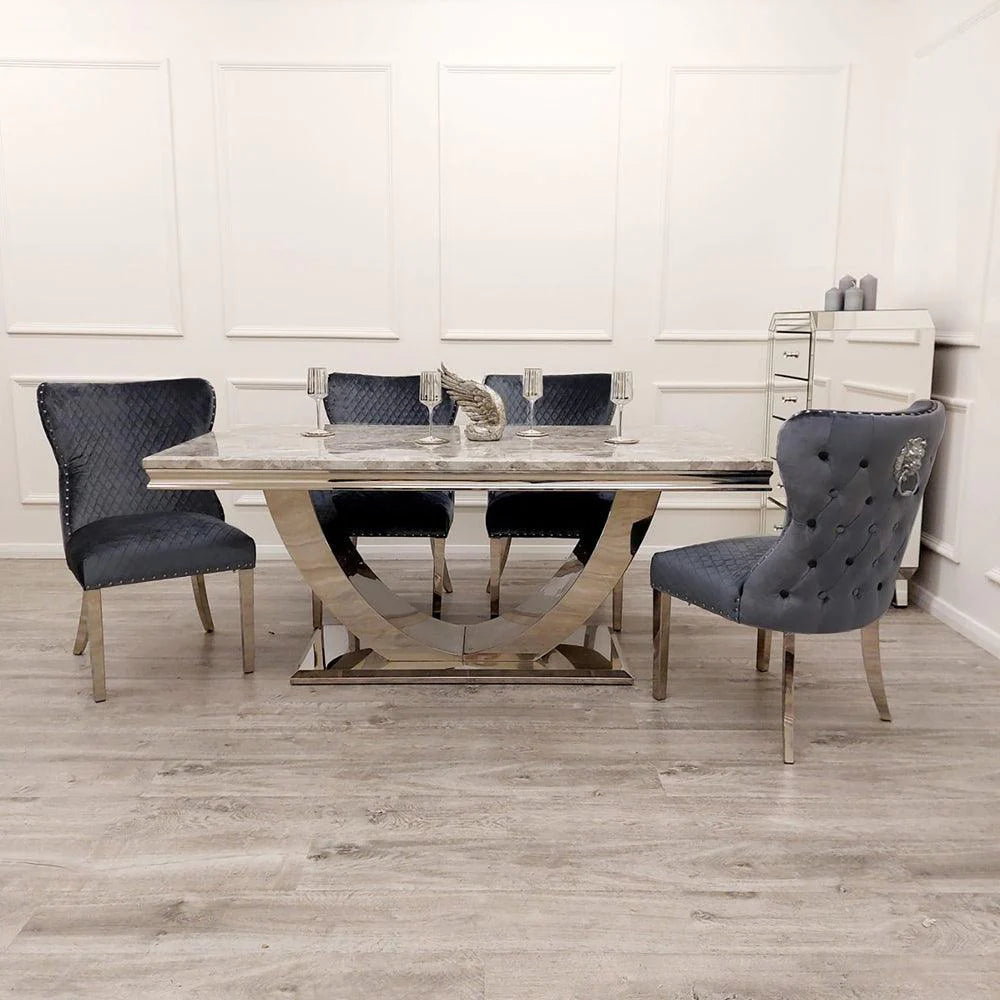 Arial Marble & Chrome Dining Table With Valentino Lion Knocker Velvet ...