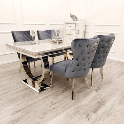 Arianna Marble & Chrome Dining Table With Valentino Lion Knocker Velvet Chairs