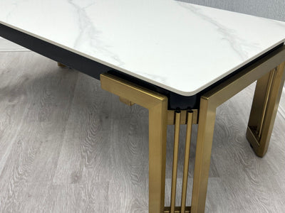 Sorrento 180cm Gold Dining Table with White Ceramic Marble Top + Cream/Gold Lion Knocker Velvet Chairs