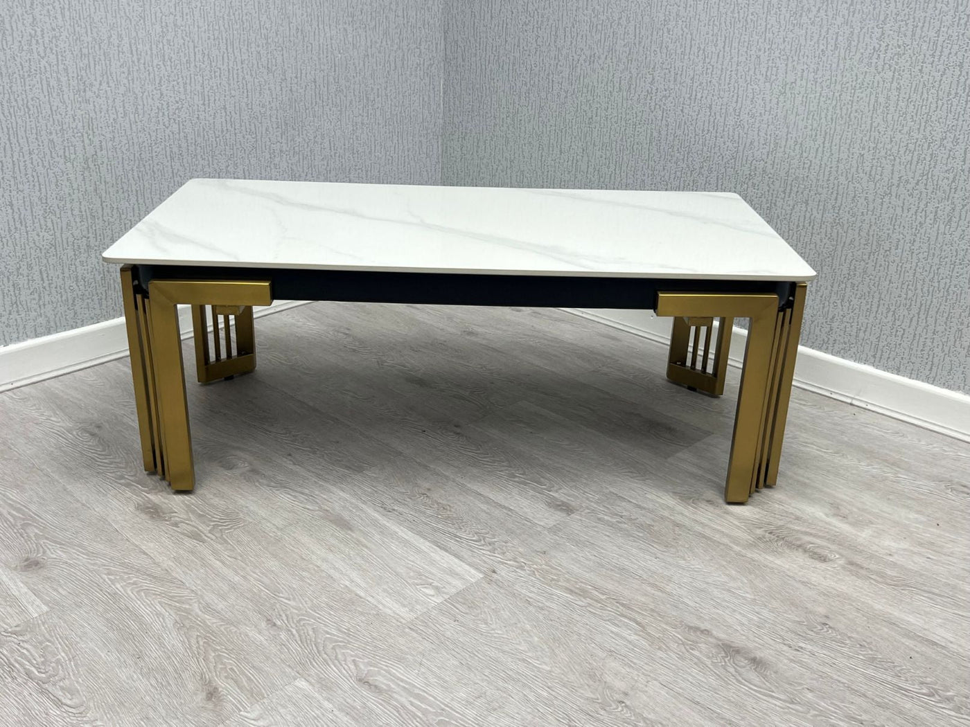 Sorrento 180cm Gold Dining Table with White Ceramic Marble Top + Cream/Gold Lion Knocker Velvet Chairs