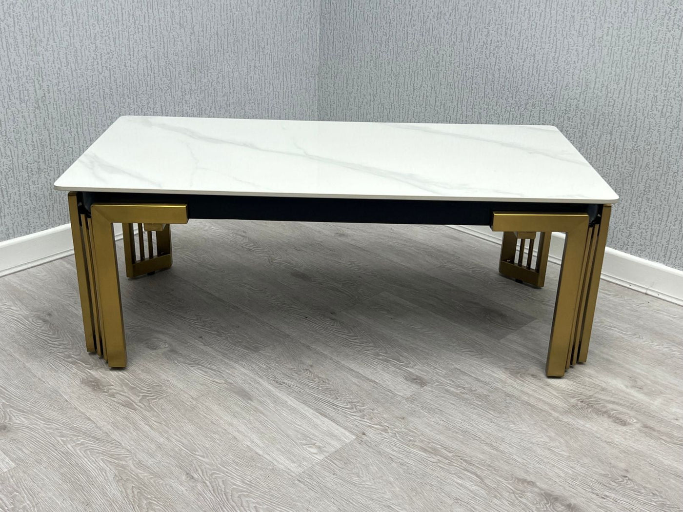 Sorrento 150cm Gold Dining Table with White Ceramic Marble Top + Cream/Gold Lion Knocker Velvet Chairs