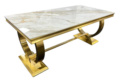 Arianna 180cm Kasi Gold Marble Dining Table With Carlton Cream/Gold Velvet Dining Chairs