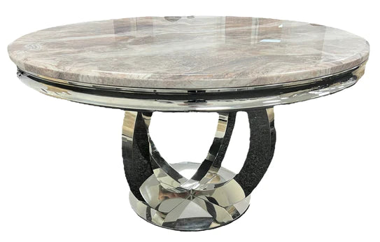 Chelsea 130cm Marble Round Dining Table With Shimmer Chrome Ring Knocker Chairs