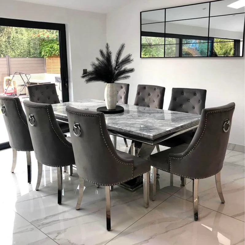 Arial 160cm Marble & Chrome Dining Table + Chrome Ring Knocker Velvet Chairs