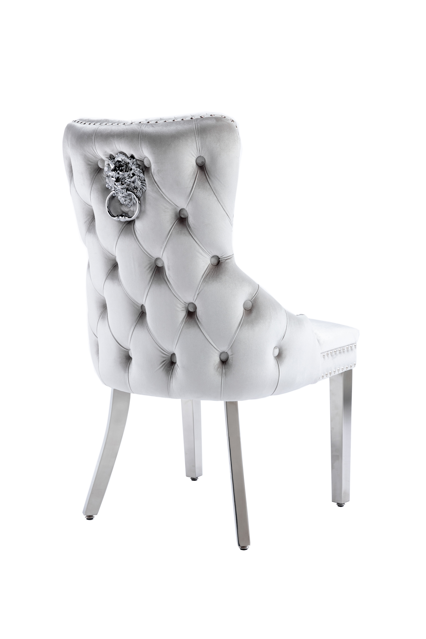 Victoria Shimmer Grey Chrome Lion Knocker Button Back Plush Velvet Dining Chair Chrome Legs