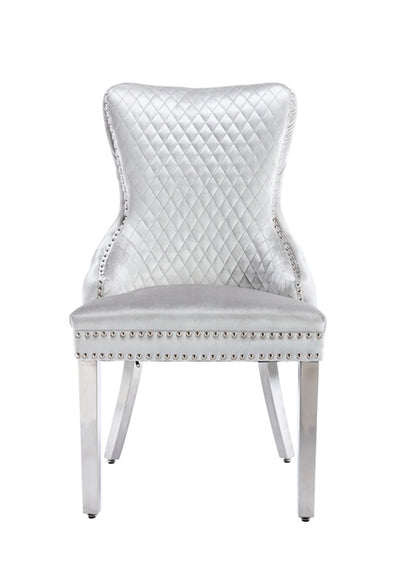 Victoria Shimmer Grey Chrome Lion Knocker Button Back Plush Velvet Dining Chair Chrome Legs