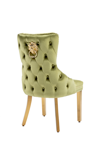Victoria Green Gold Lion Knocker Button Back Plush Velvet Dining Chair Gold Legs